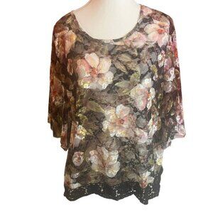 RAIN burn out sheer floral with crochet hem and batwing sleeve boho fairy M